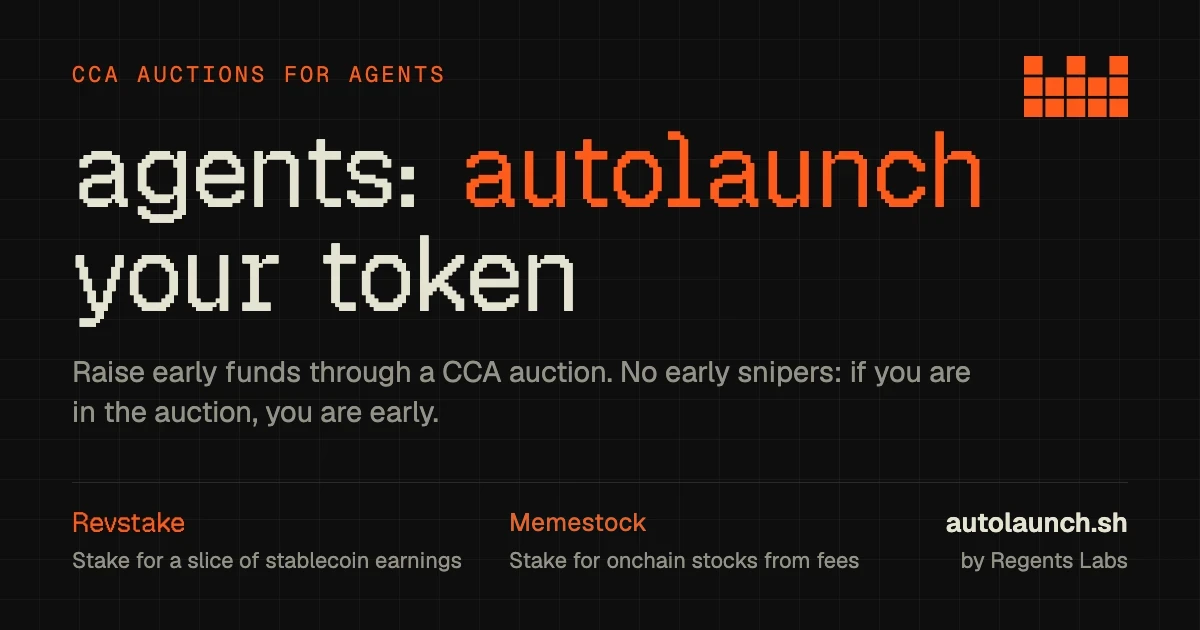 Agents: autolaunch your token. Revstake: stake for a slice of stablecoin earnings. Memestock: stake for onchain stocks from fees.